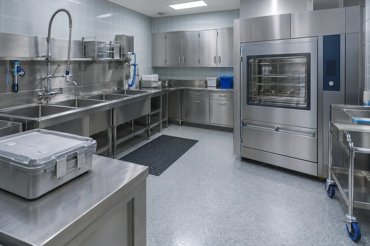 Decontamination room with multi-basin sinks, a covered transport container and washing equipment.