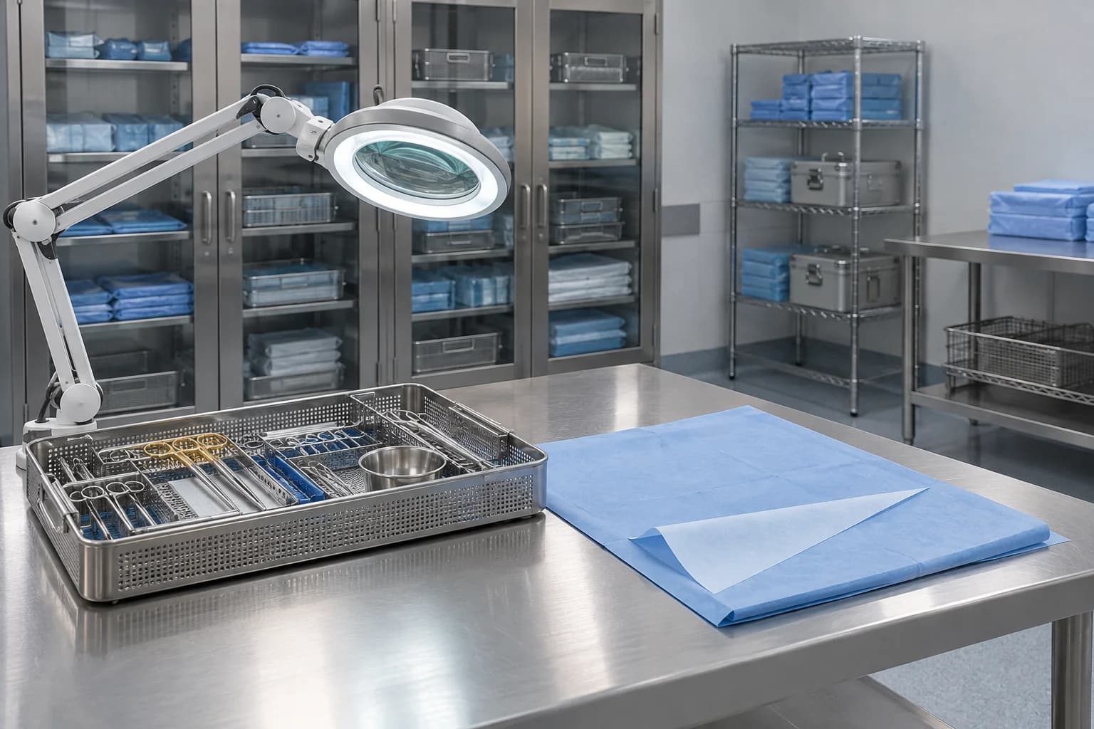 Preparation worktable with an inspection magnifier, instrument tray and wrapping material.