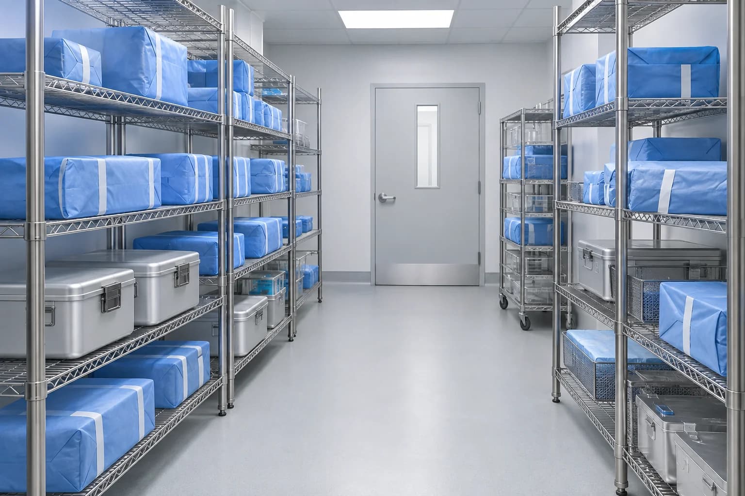 Storage room with wrapped packs and closed containers on shelves above the floor.