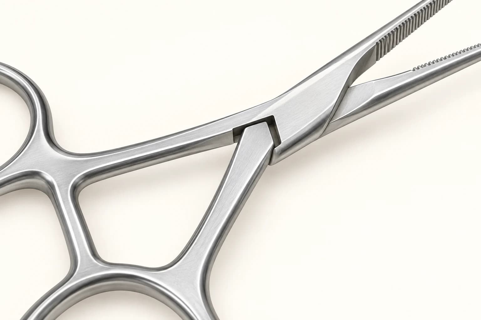 Close-up of a hinged clamp joint where one shank passes through an enclosed opening in the other.