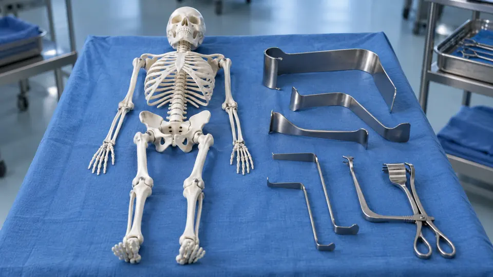 Skeleton teaching model beside surgical retractors used to study anatomy and procedures.