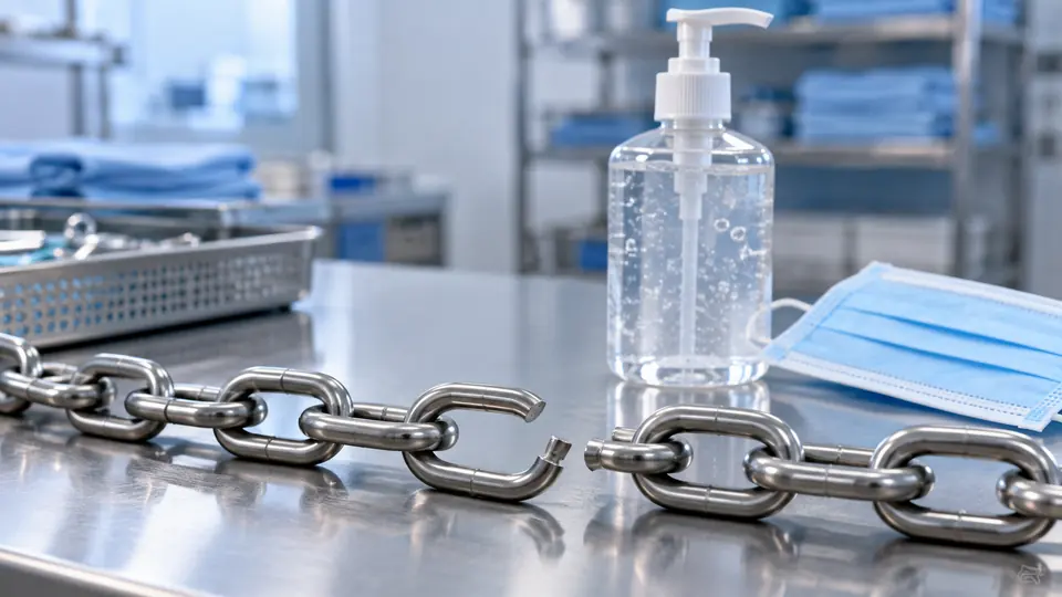 An interrupted chain beside hand sanitizer and a mask represents breaking infection transmission.