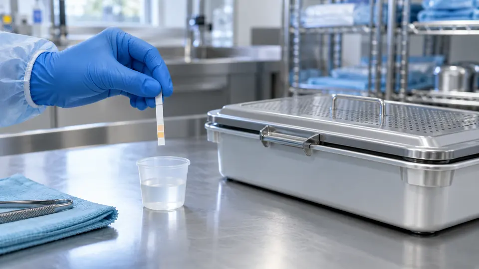 A gloved hand checks a disinfectant test strip beside a covered soaking tray.