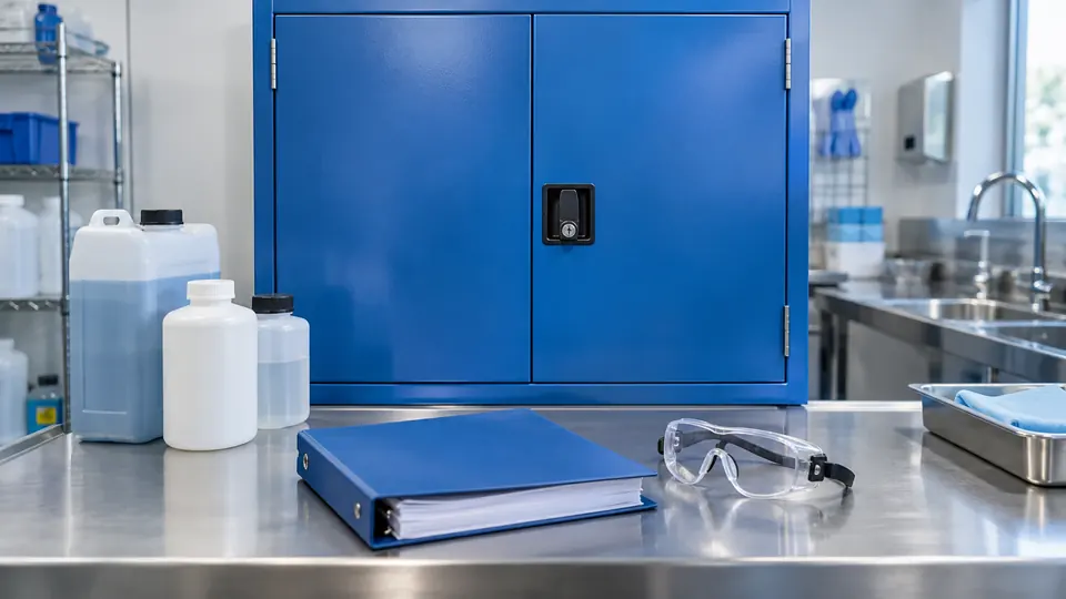 Chemical containers, safety-data binder and splash goggles at a safety station.