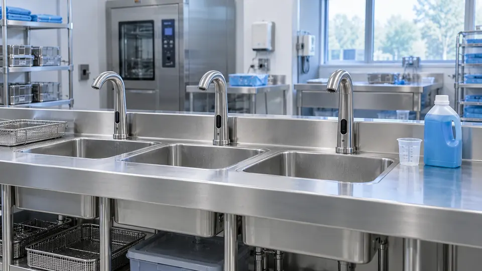 Three-sink cleaning station with a detergent bottle and measuring cup.