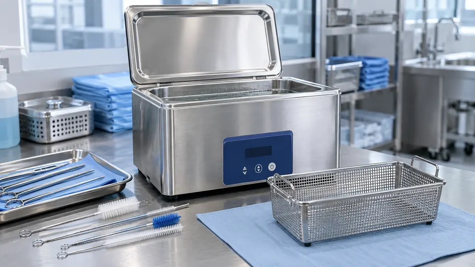Ultrasonic cleaner, instrument basket and brushes for manual and mechanical cleaning.