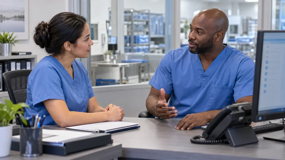 Two healthcare colleagues communicate at a desk with a phone and computer.