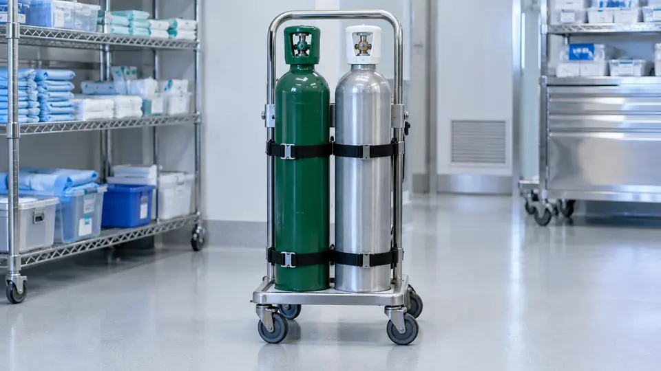 Upright medical gas cylinders secured to a transport trolley.