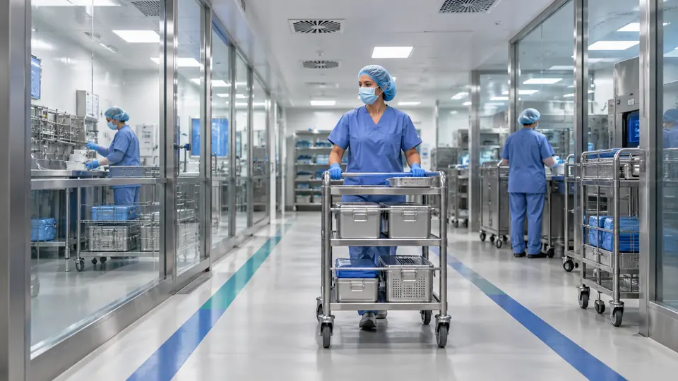 Separated sterile processing work areas with ventilation grilles and transport routes.