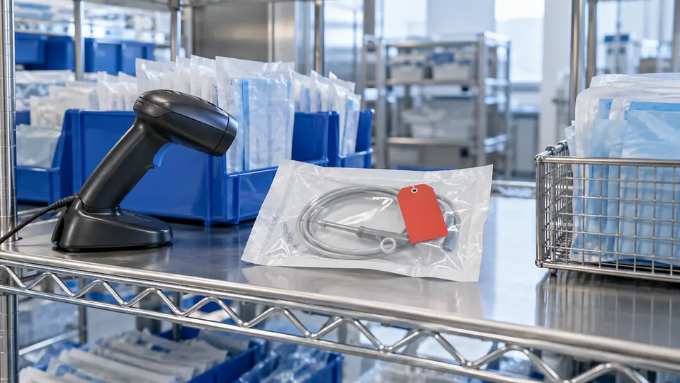 Barcode scanner, supply bins and an isolated package for recall tracking.