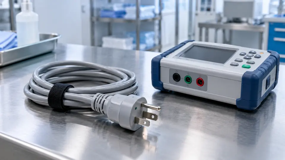 Hospital equipment plug and power cord beside an electrical safety analyzer.