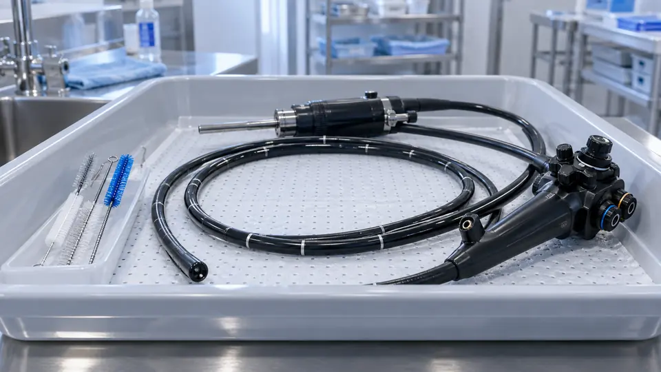 Flexible endoscope and channel brushes in a reprocessing tray.