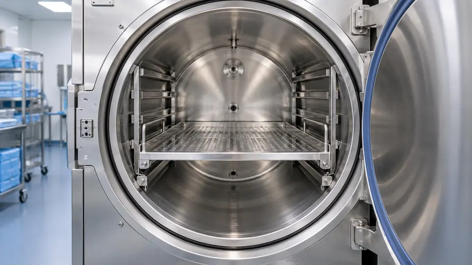 Stainless steel chamber and rack inside a hospital steam sterilizer.