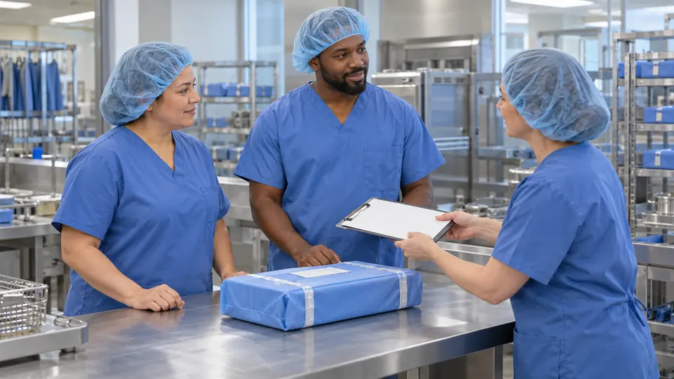 Three sterile processing coworkers coordinate their work around an assembly table.
