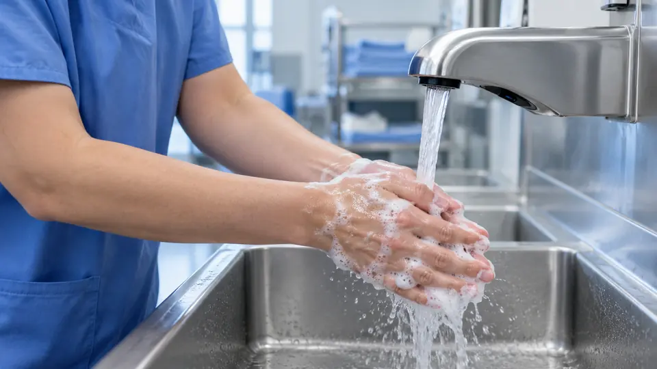 Handwashing with soap at a clinical sink for infection prevention.