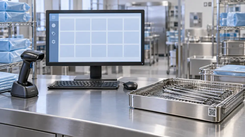 Instrument tracking workstation with a scanner and a coded stainless steel tray.