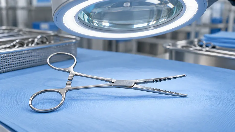 Open hemostat under a magnifier for inspection of its jaws and hinge.