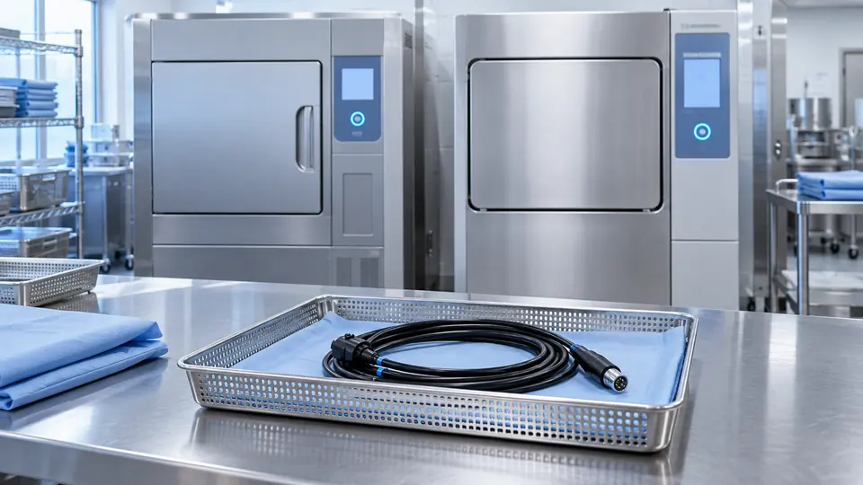 Low-temperature sterilizers beside a tray holding a delicate medical cable.