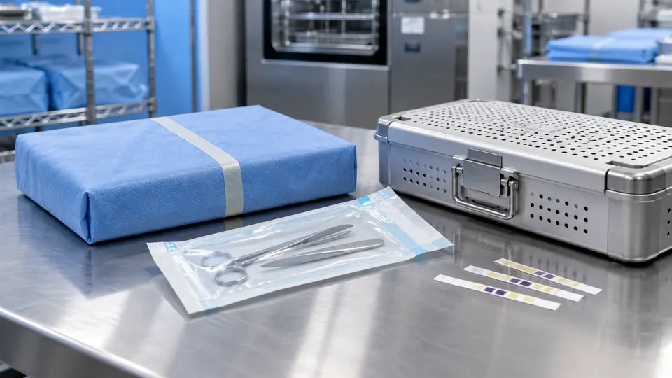 Sterilization wrap, peel pouch, rigid container and indicators for matching packaging to a cycle.
