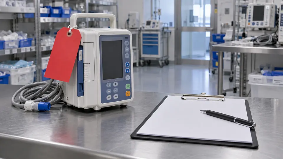 Tagged infusion pump and incident-report clipboard for a device malfunction.