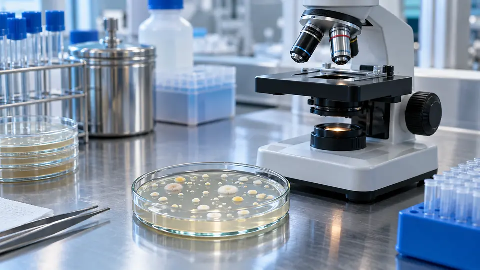 Microscope and petri dish used to study microorganisms.