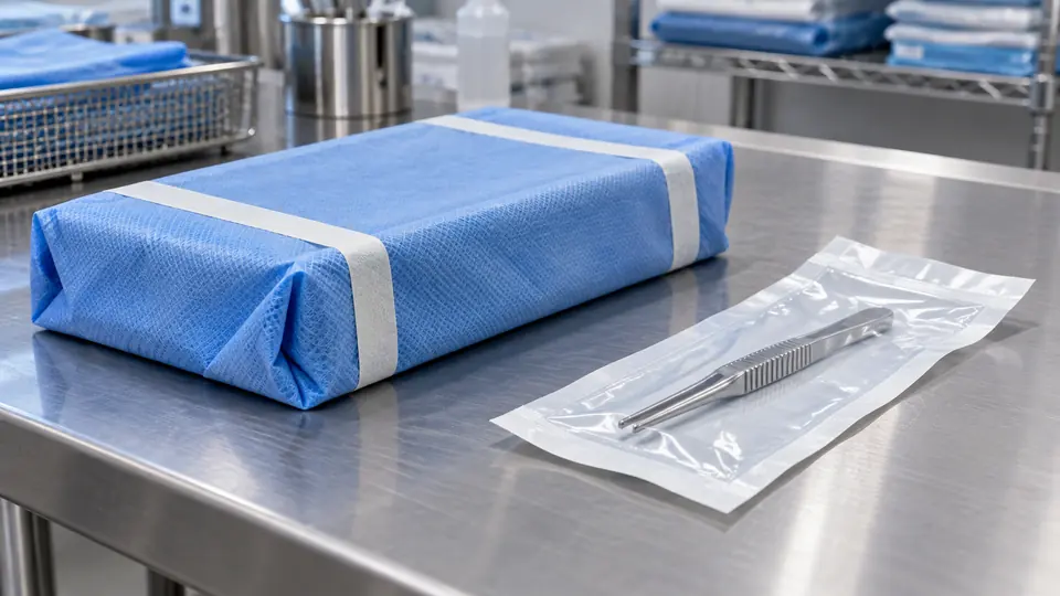 Wrapped instrument tray and sealed peel pouch prepared as sterile barrier packages.