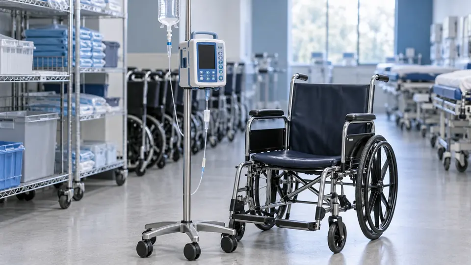 Infusion pump and wheelchair in a patient-care equipment area.