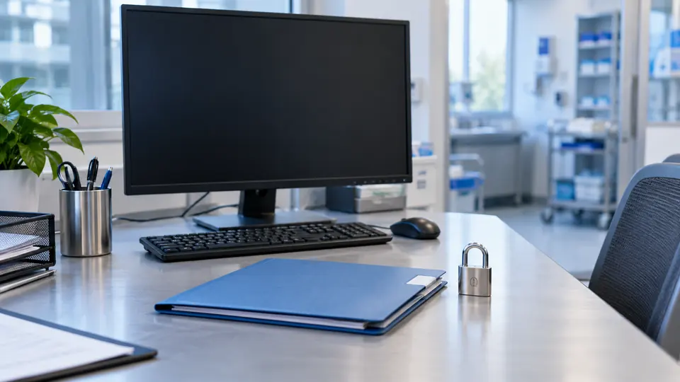 Closed record folder and padlock beside a blank workstation represent patient privacy.
