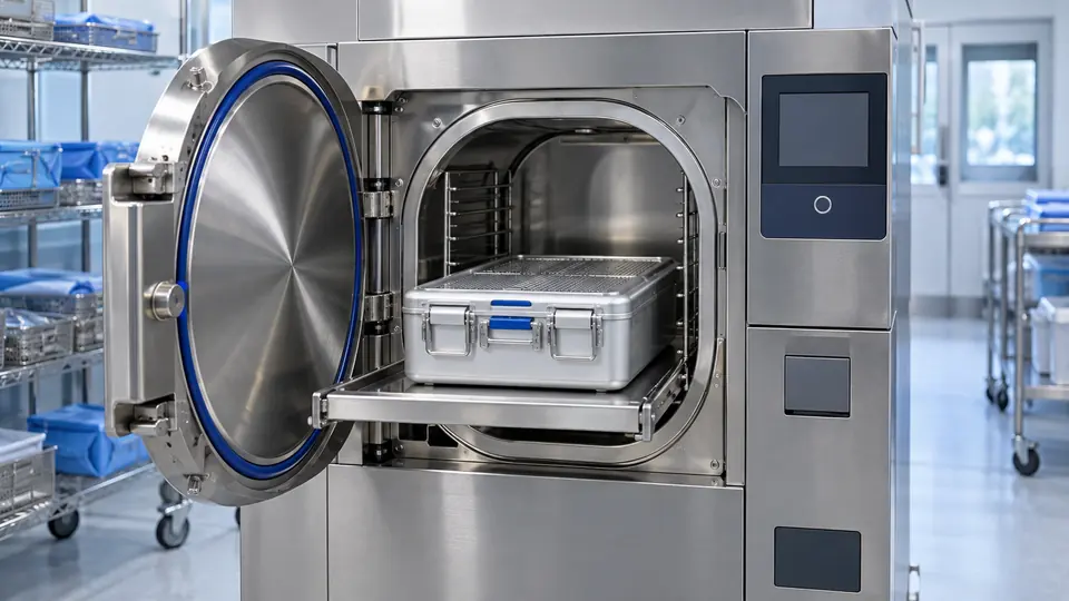 Compact steam sterilizer and rigid container for immediate-use processing.