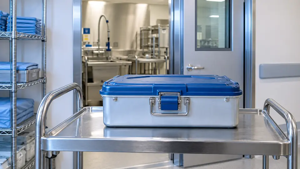 Closed instrument transport container returning used devices to decontamination.
