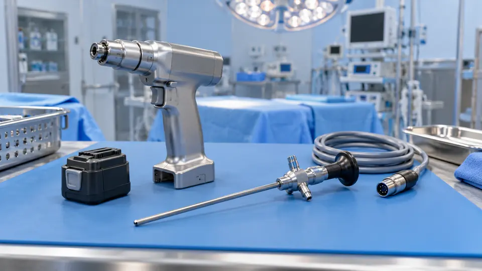 Surgical power tool, removable battery and rigid scope on an inspection mat.