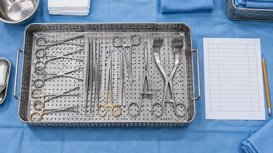 Instrument tray, count sheet and sterilization wrap on an assembly bench.
