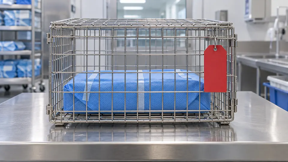 Instrument tray isolated with a red hold tag following a processing concern.
