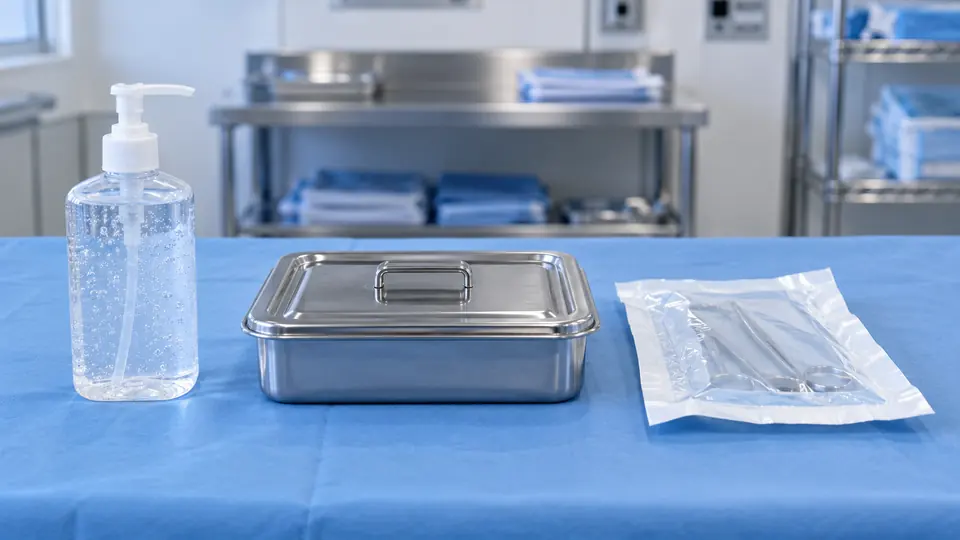 Antiseptic dispenser, disinfection tray and wrapped instrument pack distinguish processing terms.