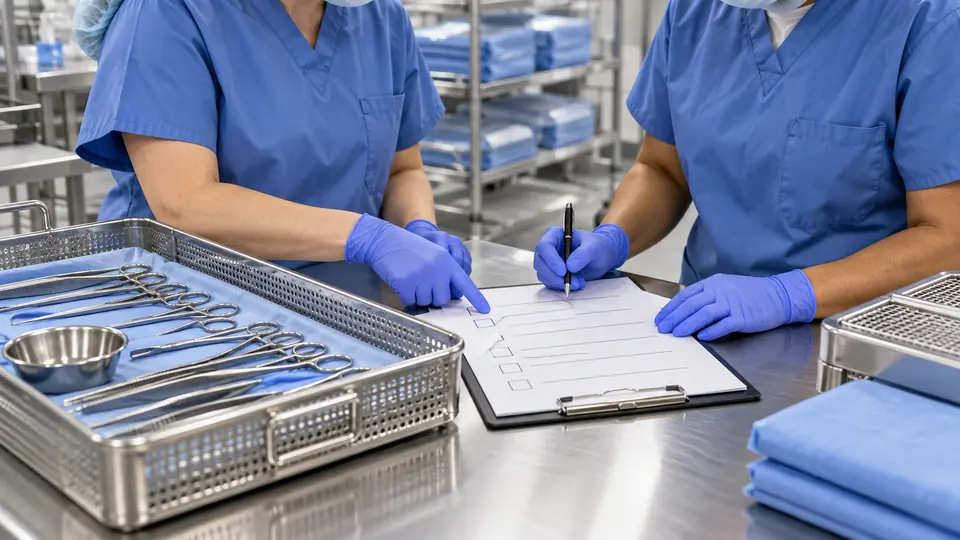 Two coworkers review a quality checklist beside an instrument tray.