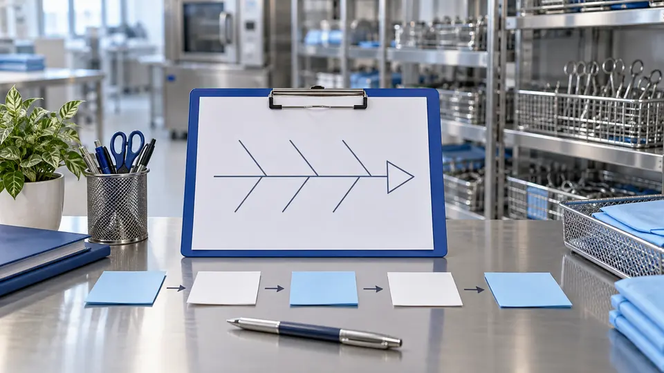 Fishbone diagram and blank process-flow notes on a quality-improvement desk.