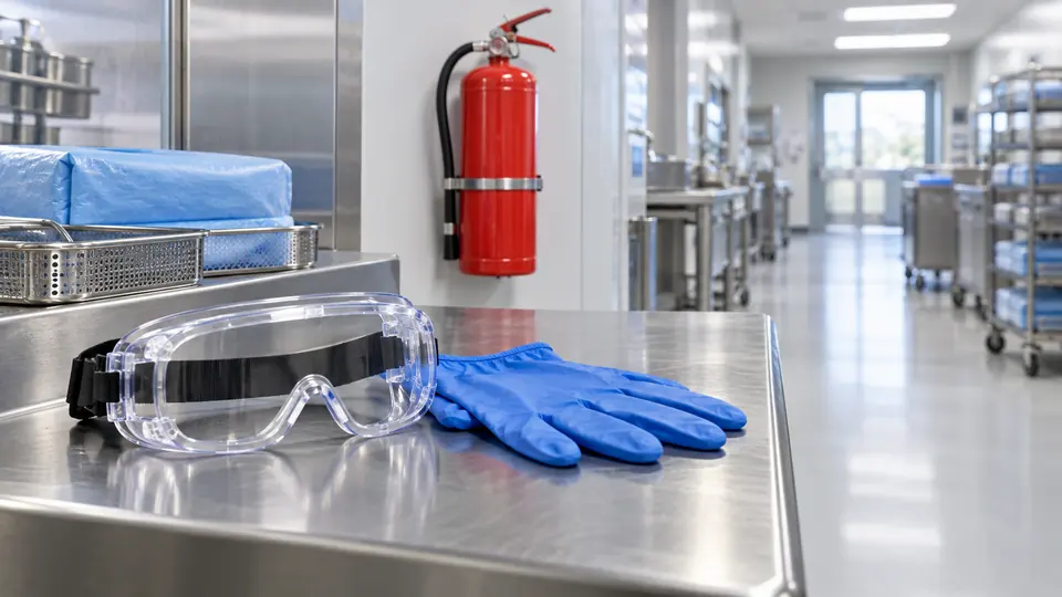 Splash goggles and protective gloves near a mounted fire extinguisher and clear corridor.