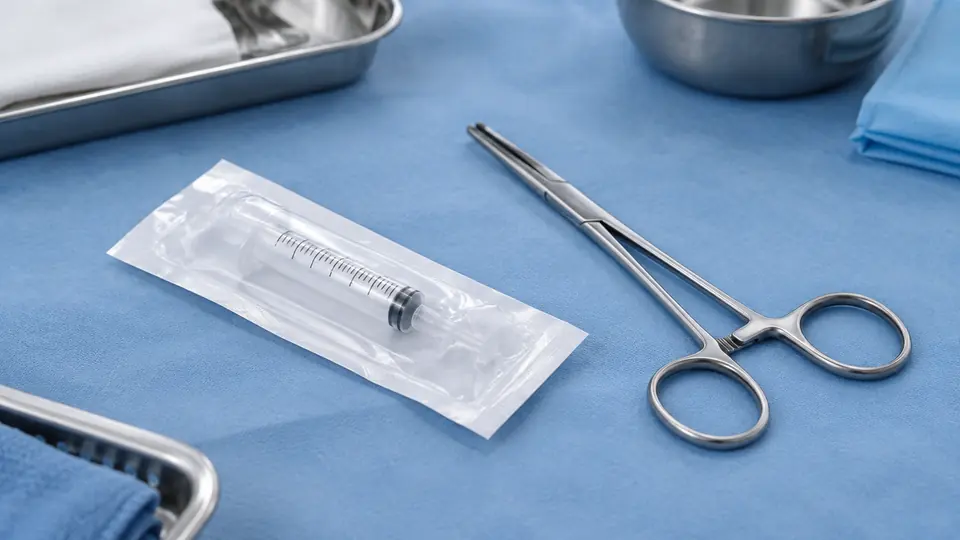 Packaged disposable syringe beside reusable stainless steel forceps.