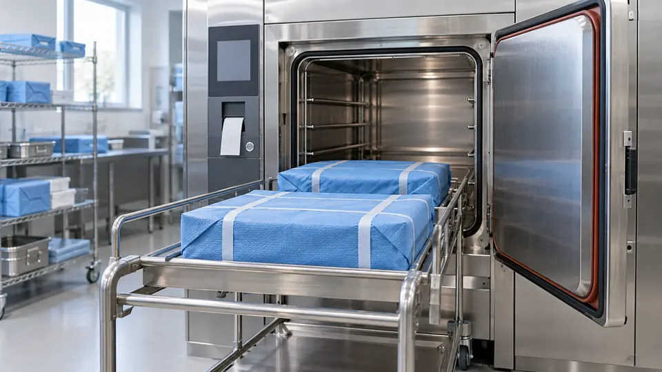 Open steam sterilizer and loading trolley with spaced blue wrapped instrument trays.