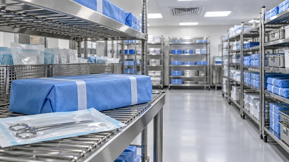 Intact wrapped trays and sealed pouches stored on orderly sterile supply shelves.
