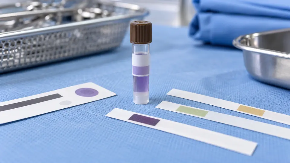 Biological indicator vial and chemical indicator strips used to monitor sterilization.