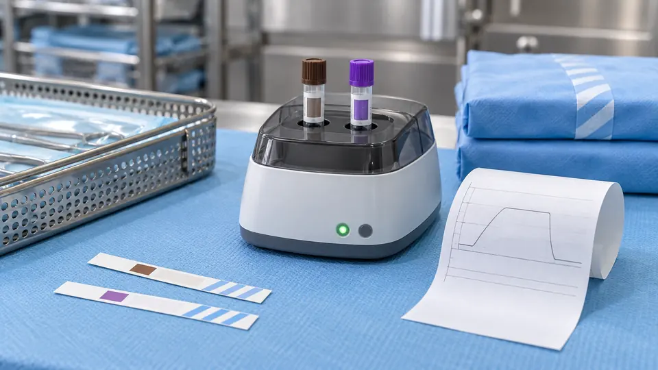Biological indicator incubator, indicator strips and a cycle printout on a clinical bench.