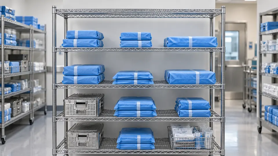 Neatly spaced wrapped instrument trays on sterile storage shelves.