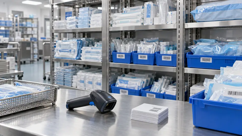 Barcode scanner and replenishment cards in front of organized medical supply bins.