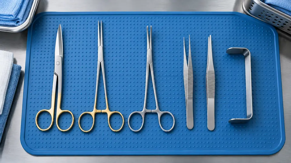 Scissors, hemostats, forceps and a retractor arranged for instrument identification.