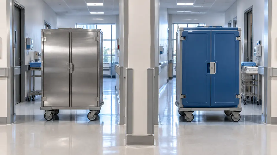 Enclosed transport carts separated to keep sterile and soiled items apart.