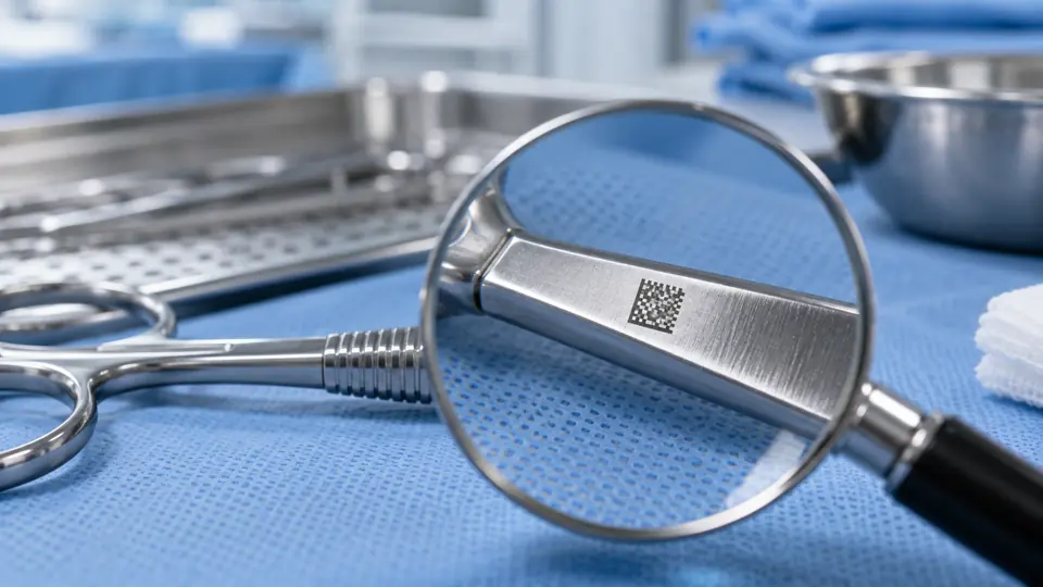 Laser-etched device identification code on a surgical instrument handle.
