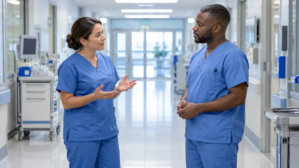 Healthcare coworkers practicing calm communication with space between them.