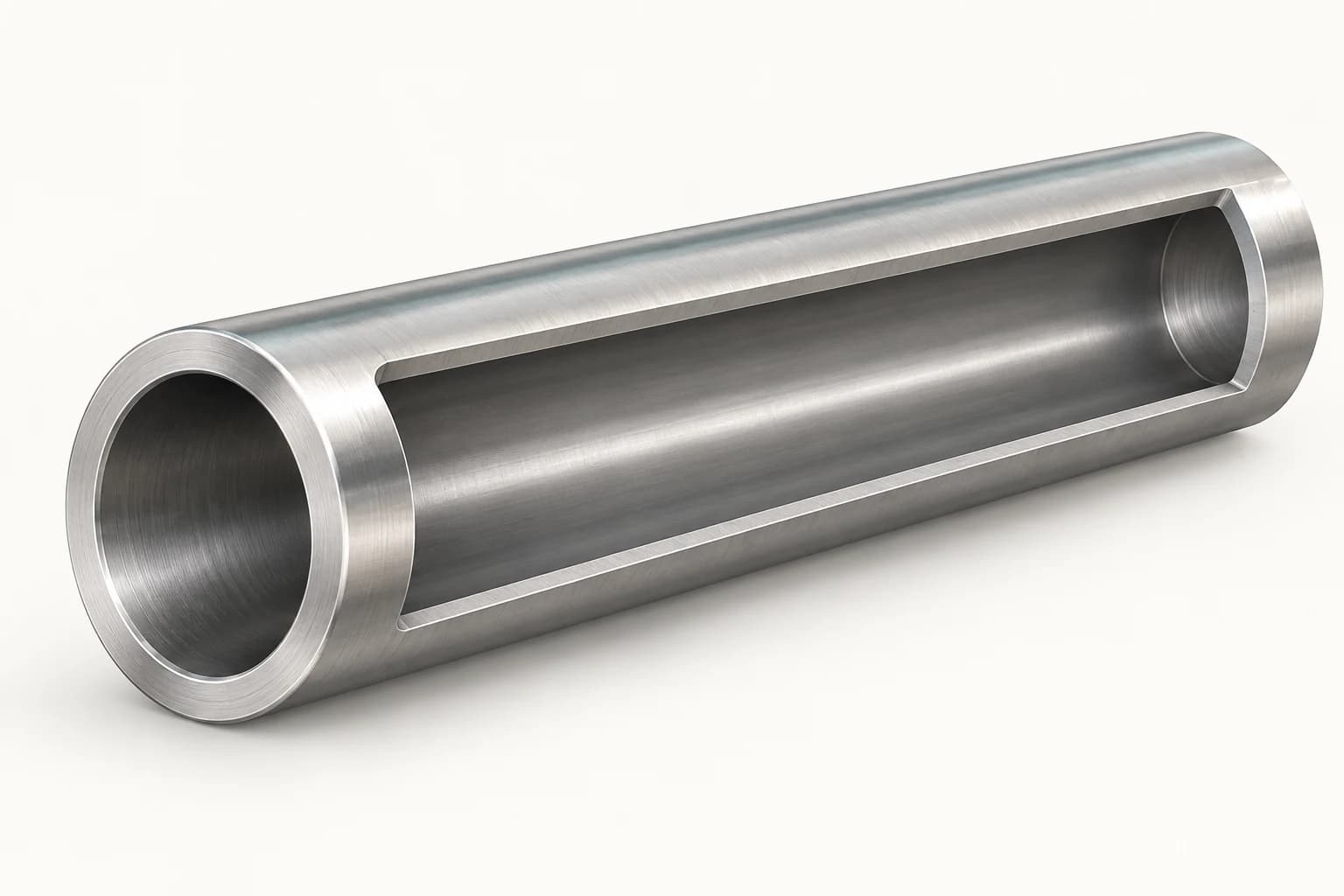 A hollow metal tube in cutaway, showing its internal channel from the near opening toward the far end.