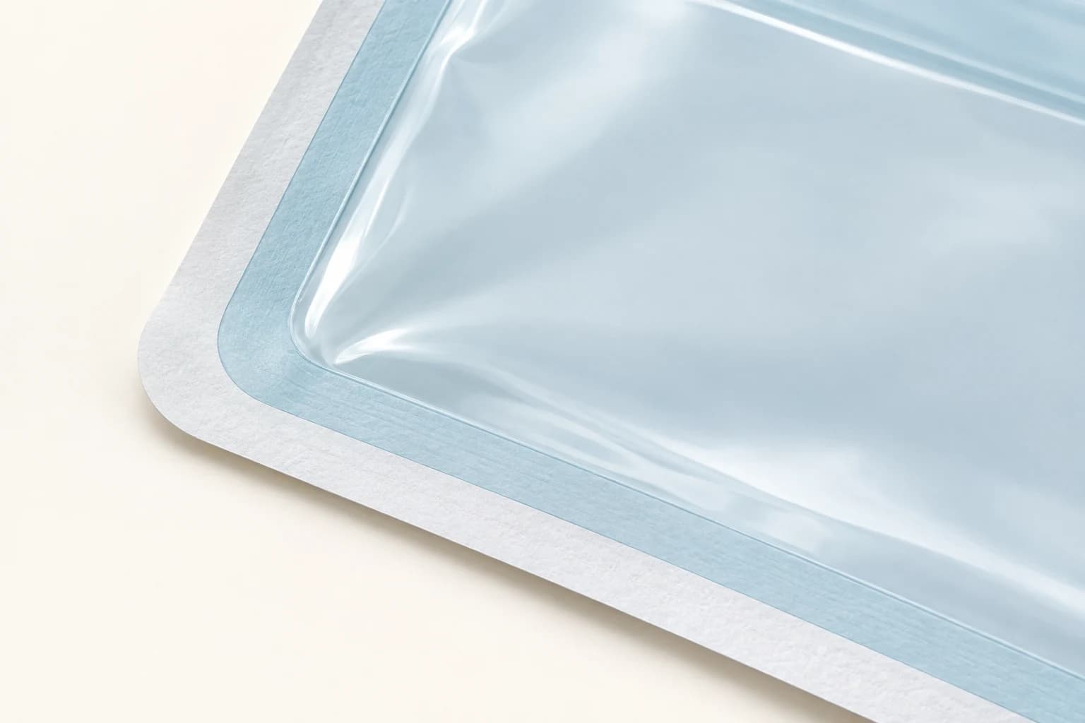 Corner of a paper-plastic peel pouch showing the continuous flat sealed band along its edges.